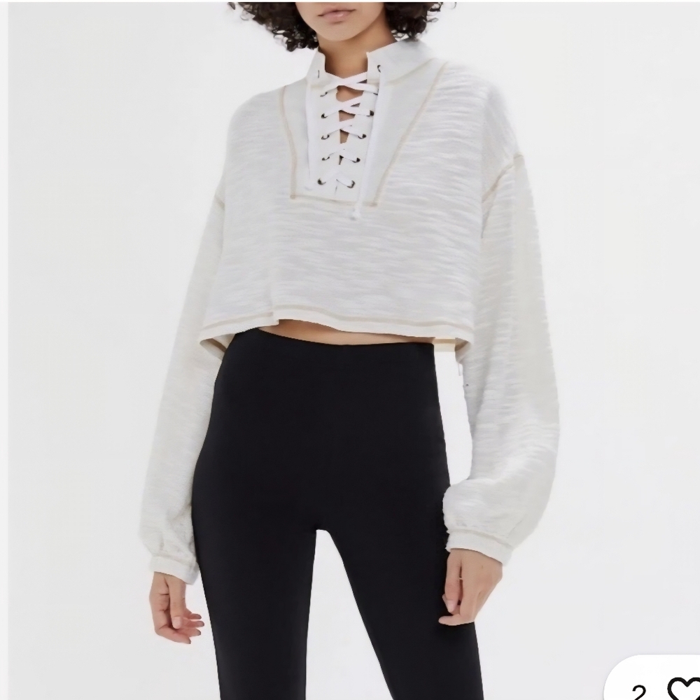 BKE Urban Outfitters Tague Lace Up Textured Cropped Knit Longsleeve Cream Shirt